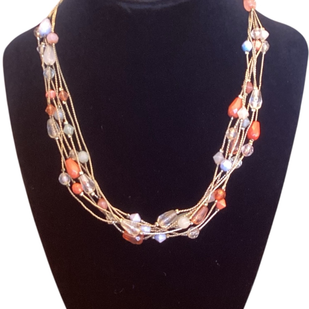 Multi String Blue‎ Clear And Peach Glass Stone Beaded Necklace